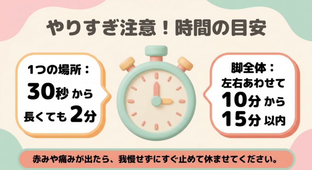 一部位30秒から2分、脚全体は左右合わせて10〜15分以内を目安にするマッサージガンの使用時間