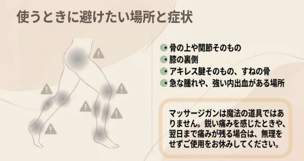 骨や関節、膝裏、アキレス腱、すねの骨、急な腫れや強い内出血などマッサージガンの使用を避けたい場所と症状を示した図