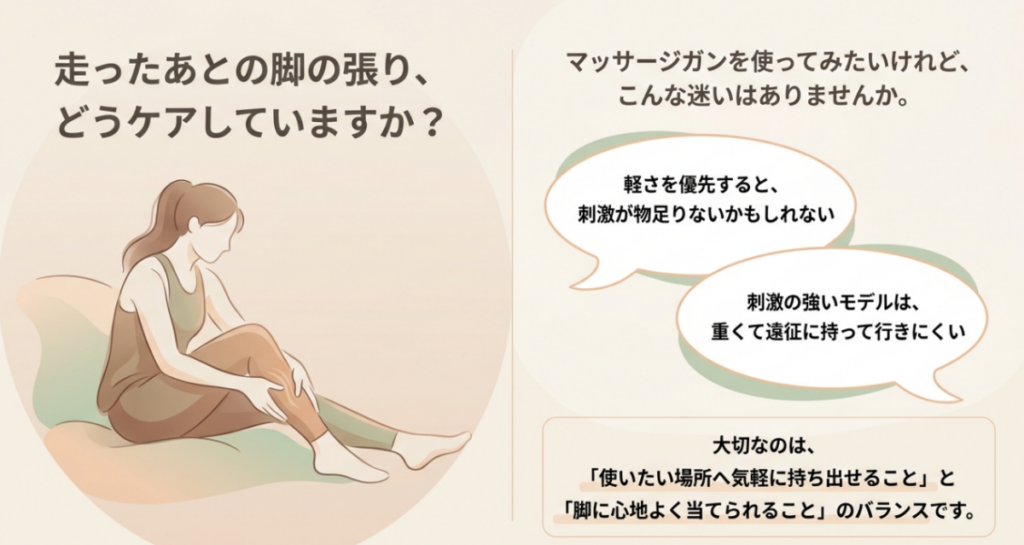 走ったあとの脚の張りに悩むランナーと、マッサージガンの軽さと刺激の強さで迷うポイントを示した図